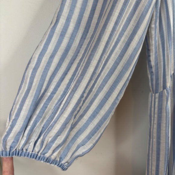 Veronica Beard Hawken Dress 6 Stripe Puff Sleeves Tiered Linen Silk Coastal READ - Picture 5 of 14